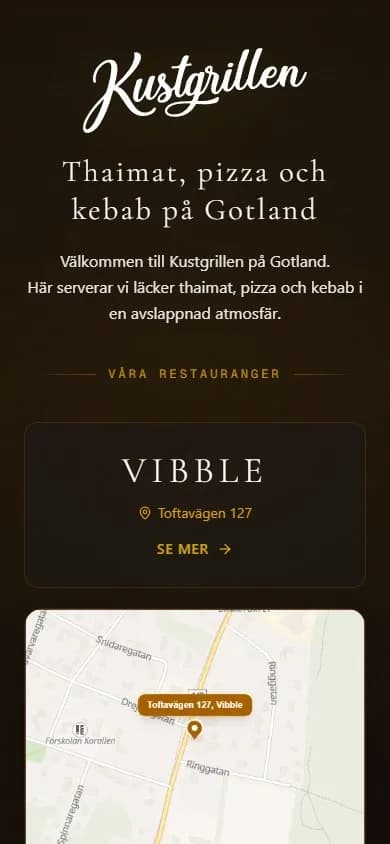 Skärmbild av Kustgrillens hemsida i mobil