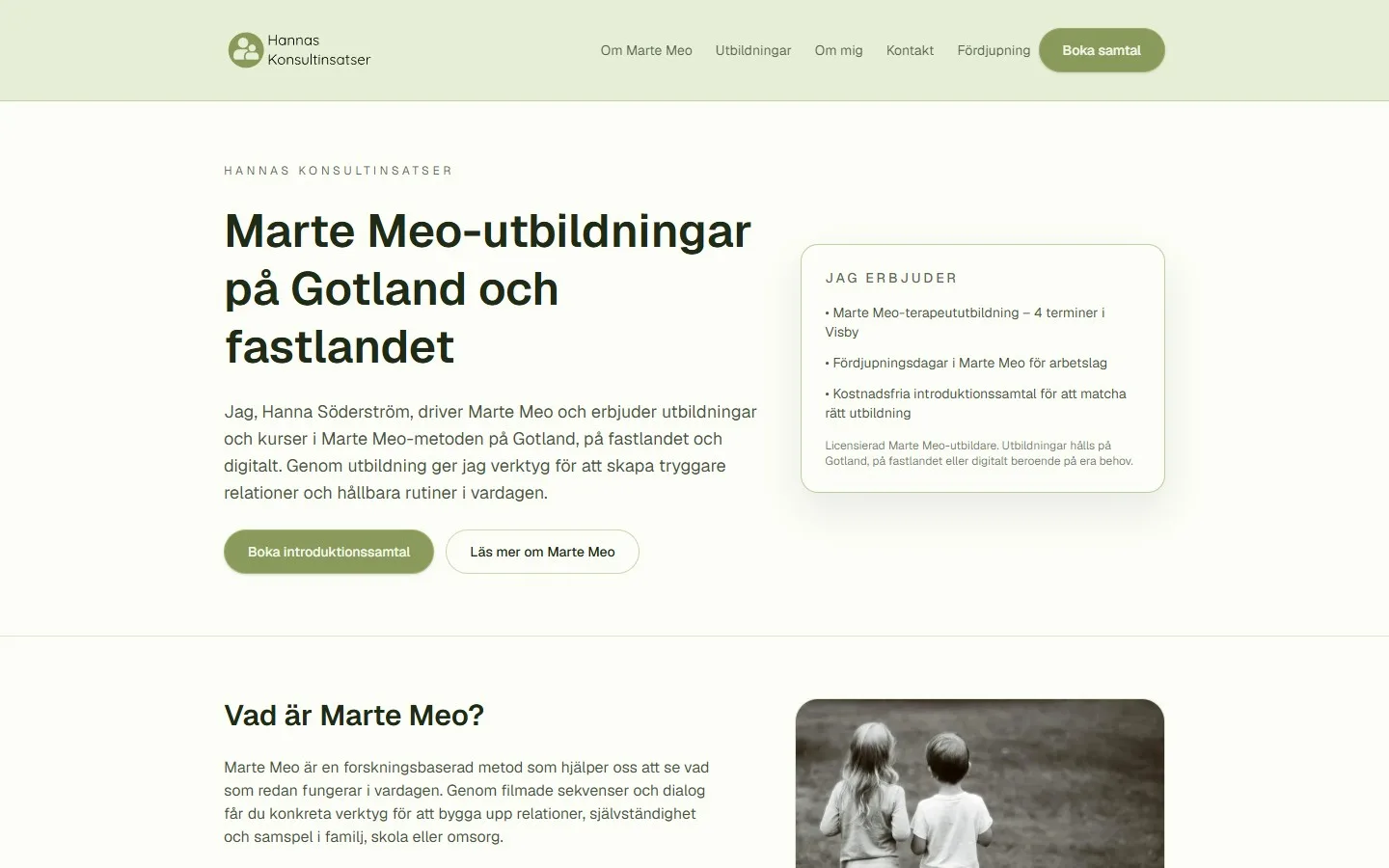 Skärmbild av Marte Meo Sveriges hemsida, byggd av tyyp
