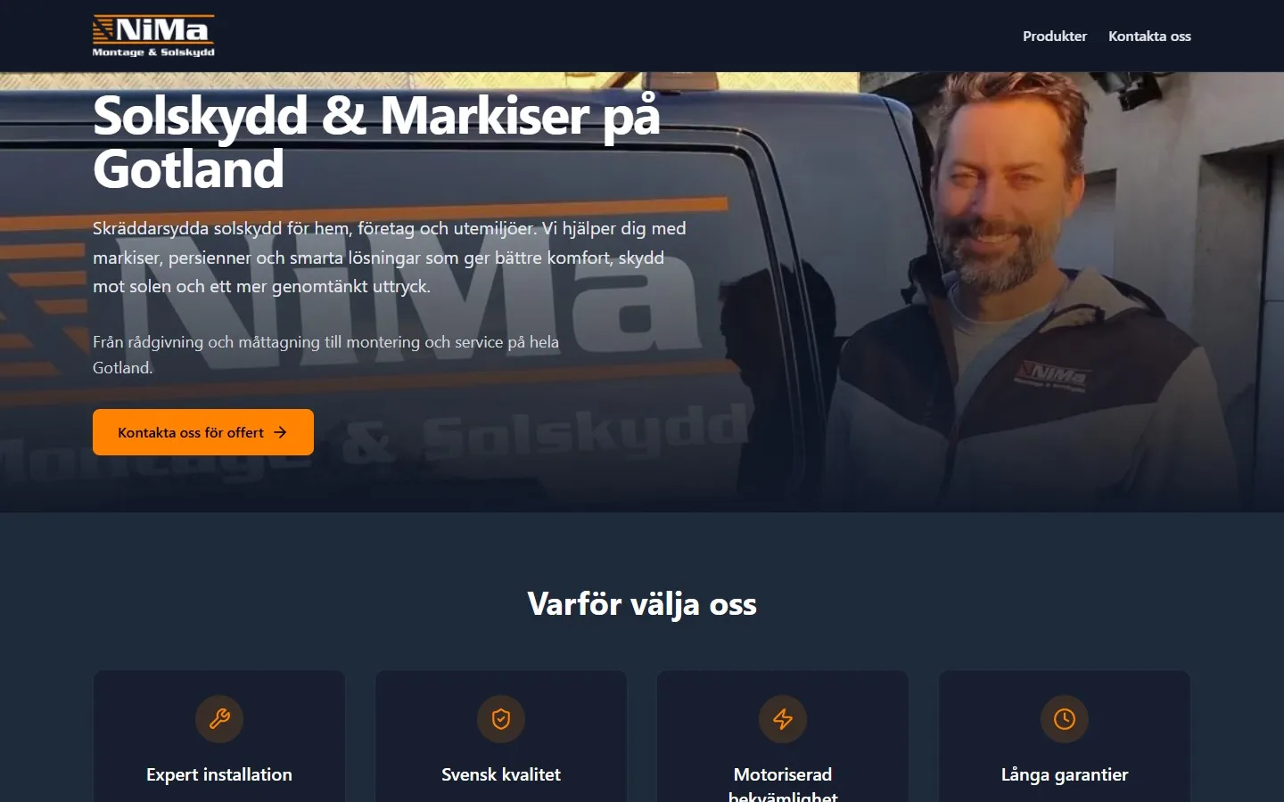 Skärmbild av Nima Montage & Solskydds hemsida