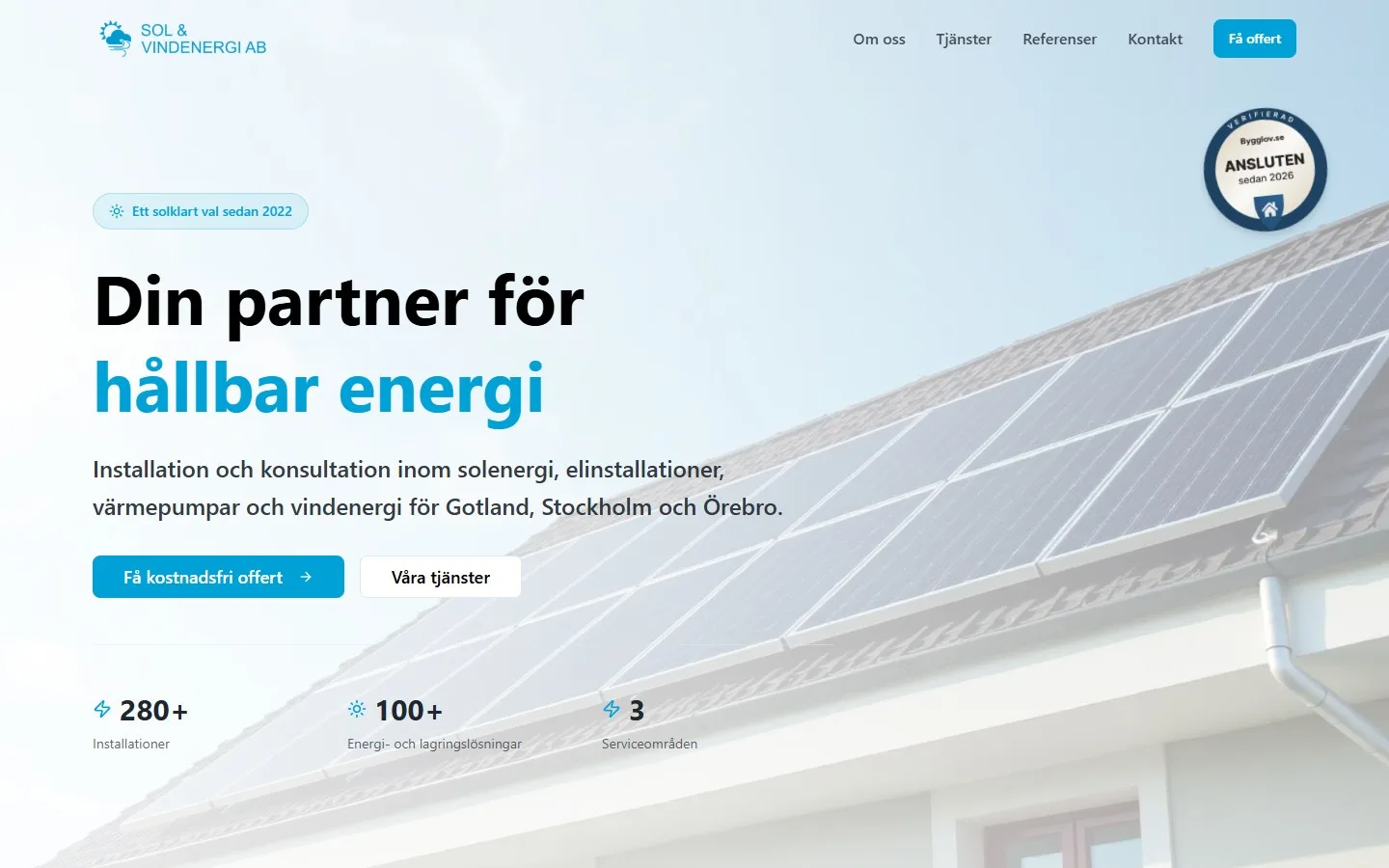Skärmbild av Sol & Vindenergis hemsida